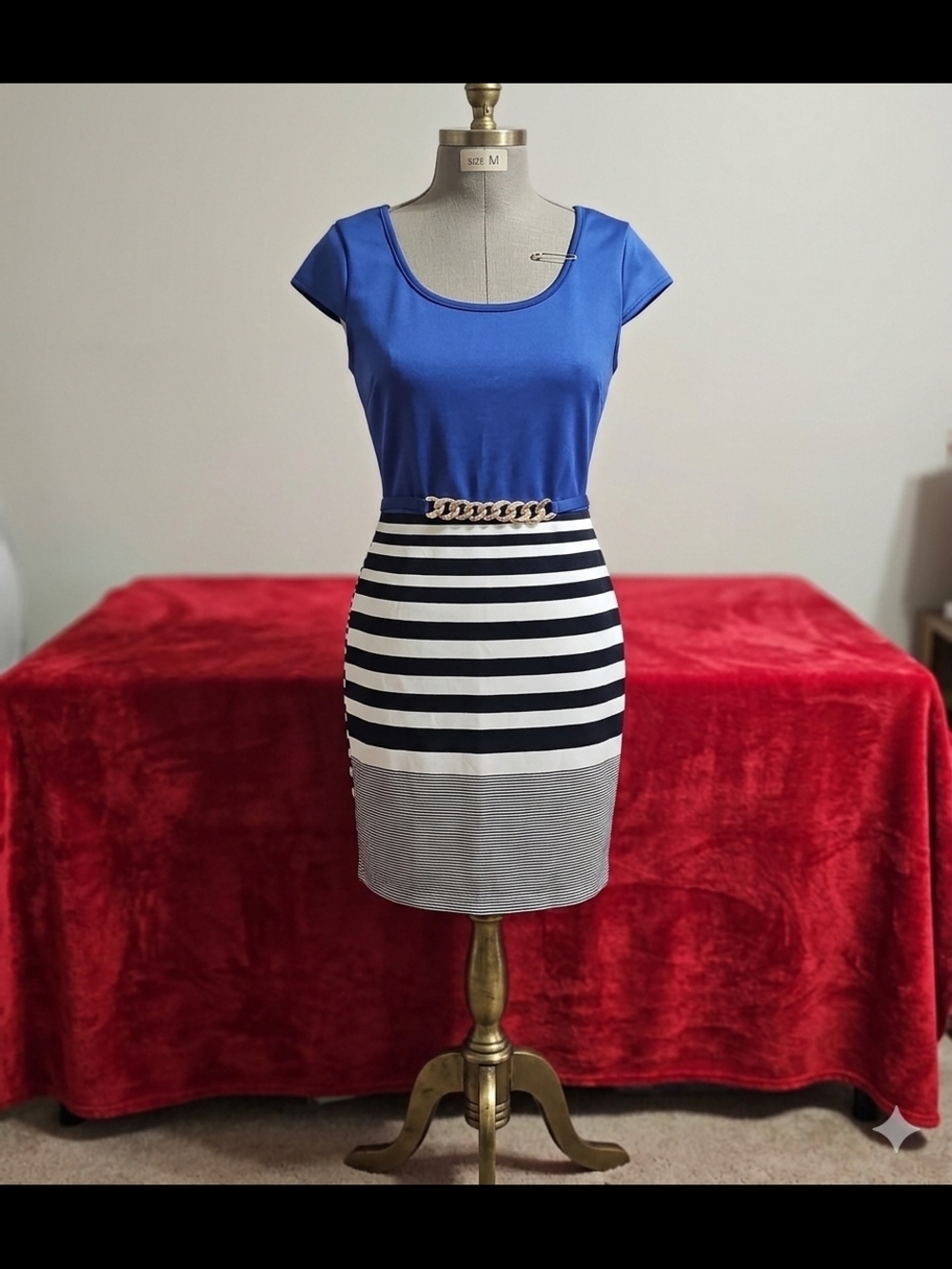 love J Royal Blue Top with Black and White Striped Skirt
